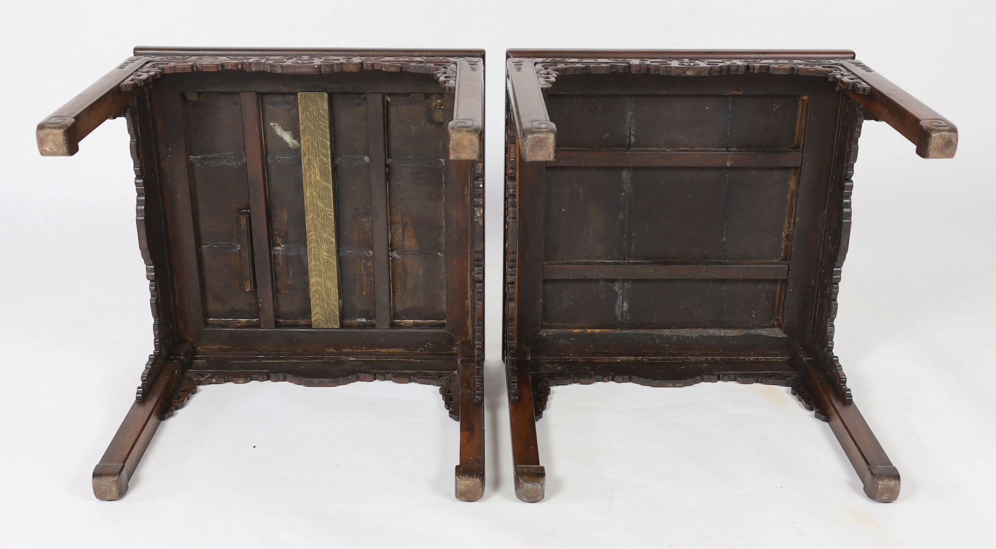 A pair of Chinese huali corner-leg low tables, Qing dynasty, re-polished and restored